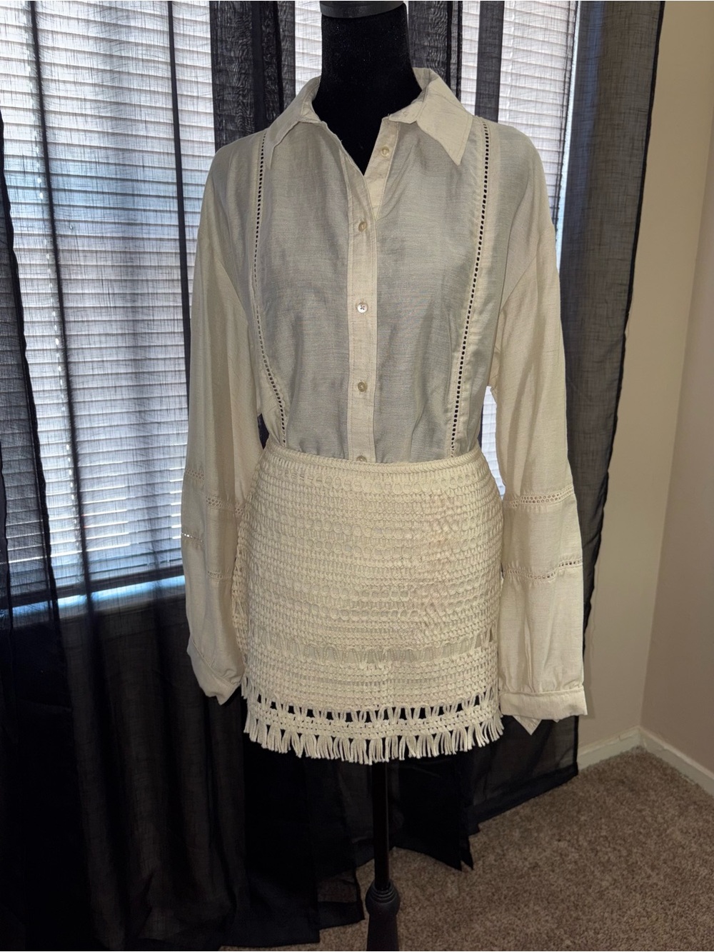 H&M Cream Crochet Fringe Mini Skirt